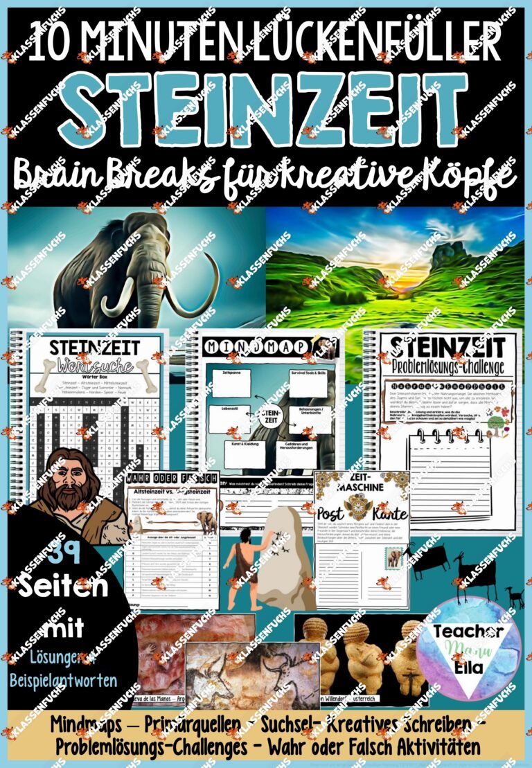 Steinzeit – 10 Minuten Lückenfüller – Mindmaps – Primärquellen – Suchsel- Kreatives Schreiben – Problemlösungs-Challenges – Wahr oder Falsch Aktivitäten